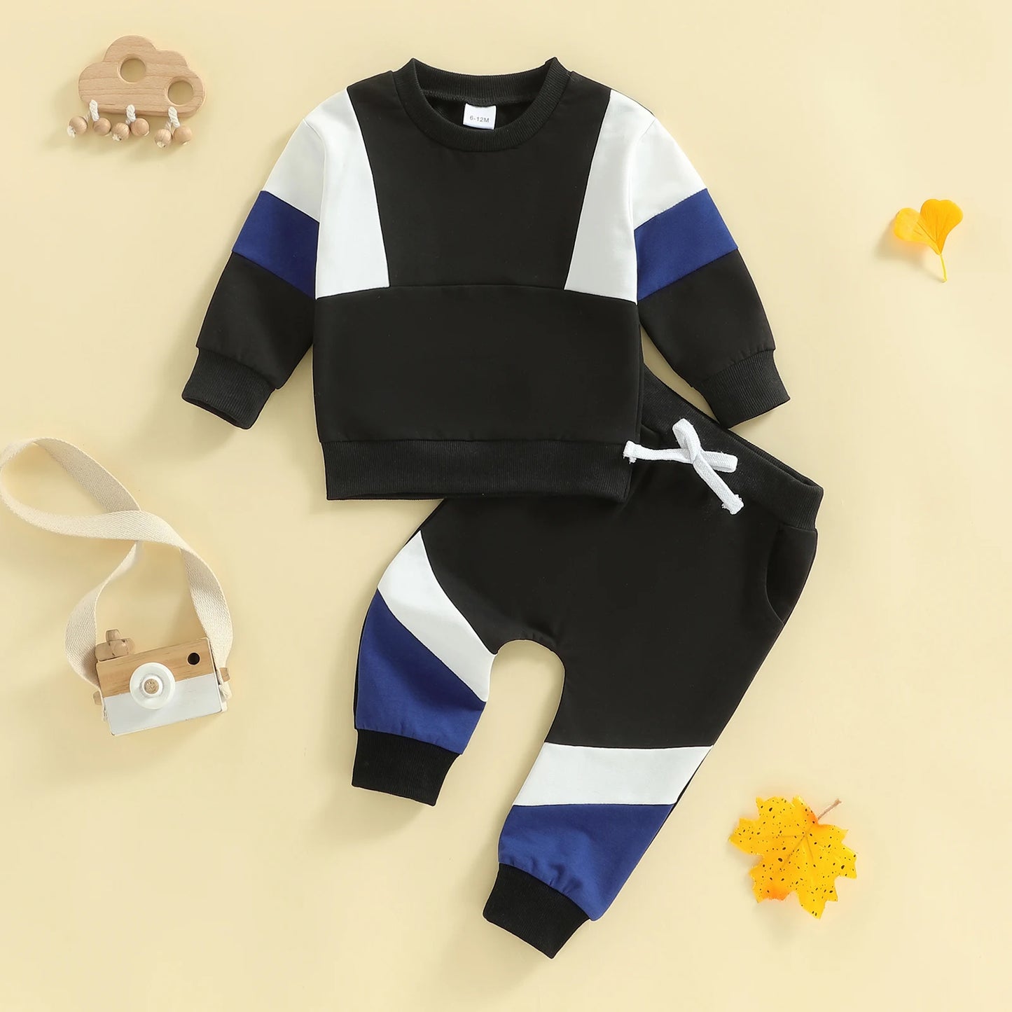 2Pcs Toddler Boy Fall Outfits Long Sleeve Crew Neck Patchwork Pullover Sweatshirt and Joggers Pants Set