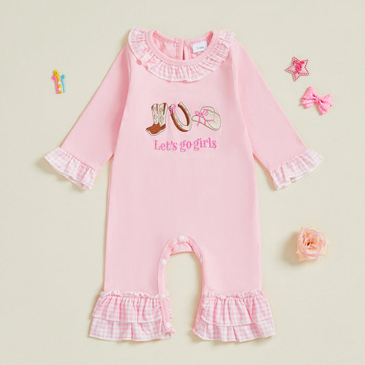 Embroidery Baby Girl Fall Romper Western Long Sleeve Round Neck Plaid Ruffle Hem Jumpsuit Infant Pajamas