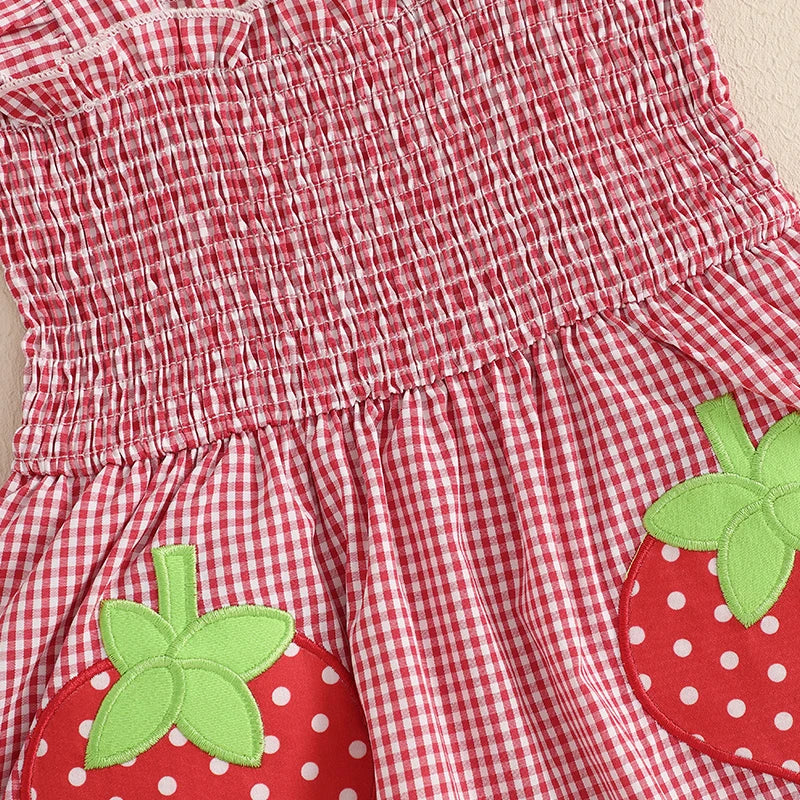 Baby Girl Plaid Romper Dress Strawberry Smocked Fly Sleeve Bodysuit with Headband 2Pcs Summer Outfit