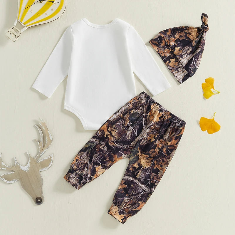 Baby Boys Clothes Set Long Sleeve Crew Neck Letters Print Romper with Cow Cactus Print Sweatpants and Hat Outfit