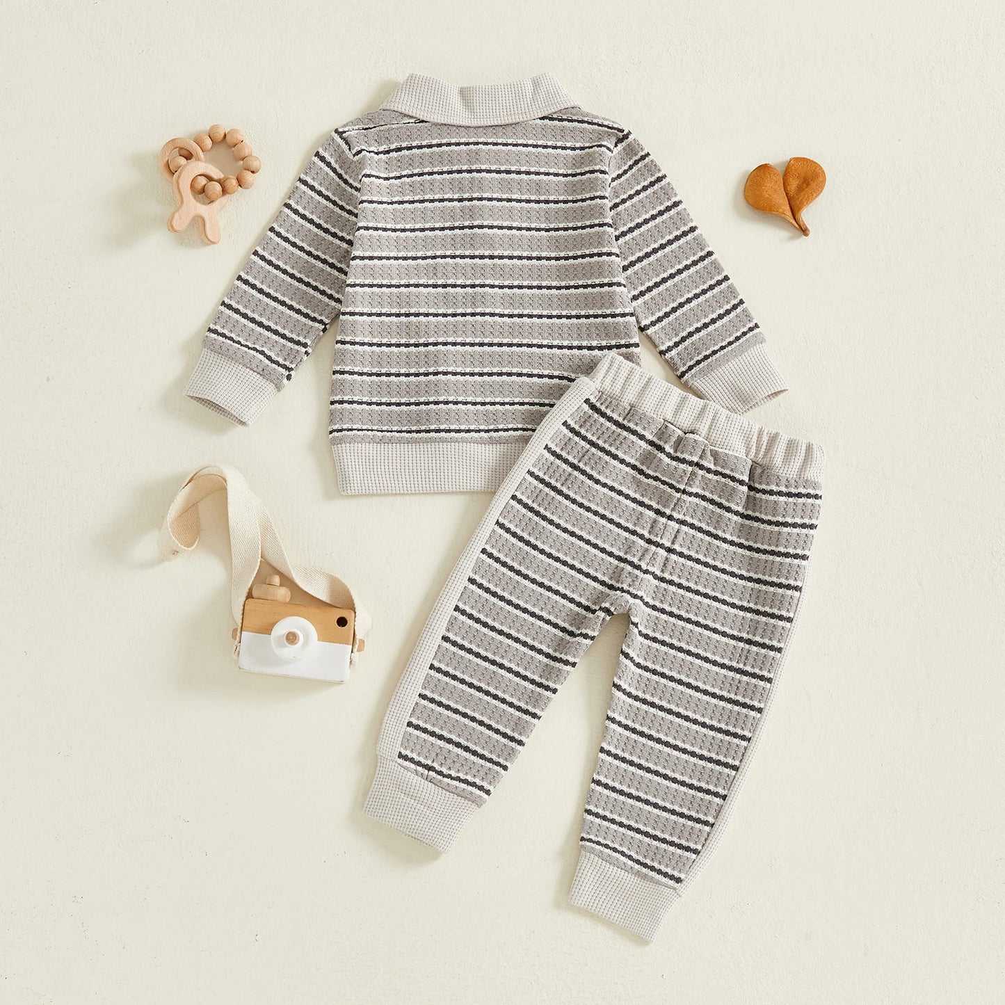 Toddler Boy Fall Outfits Stripe Long Sleeve Lapel Button Pullover + Elastic Waist Pants 2Pcs Set