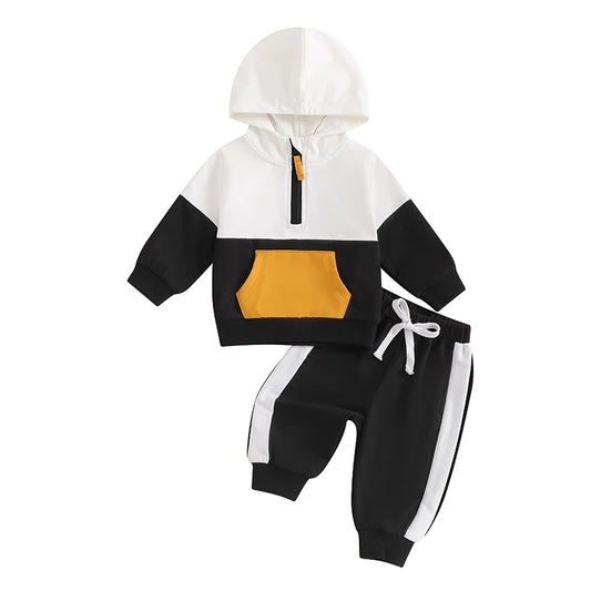 6m-3Y Baby Boy Fall Outfit Contrast Colors Long Sleeve Hoodie Sweatshirt and Elastic Pants 2 Piece Clothes for Toddler