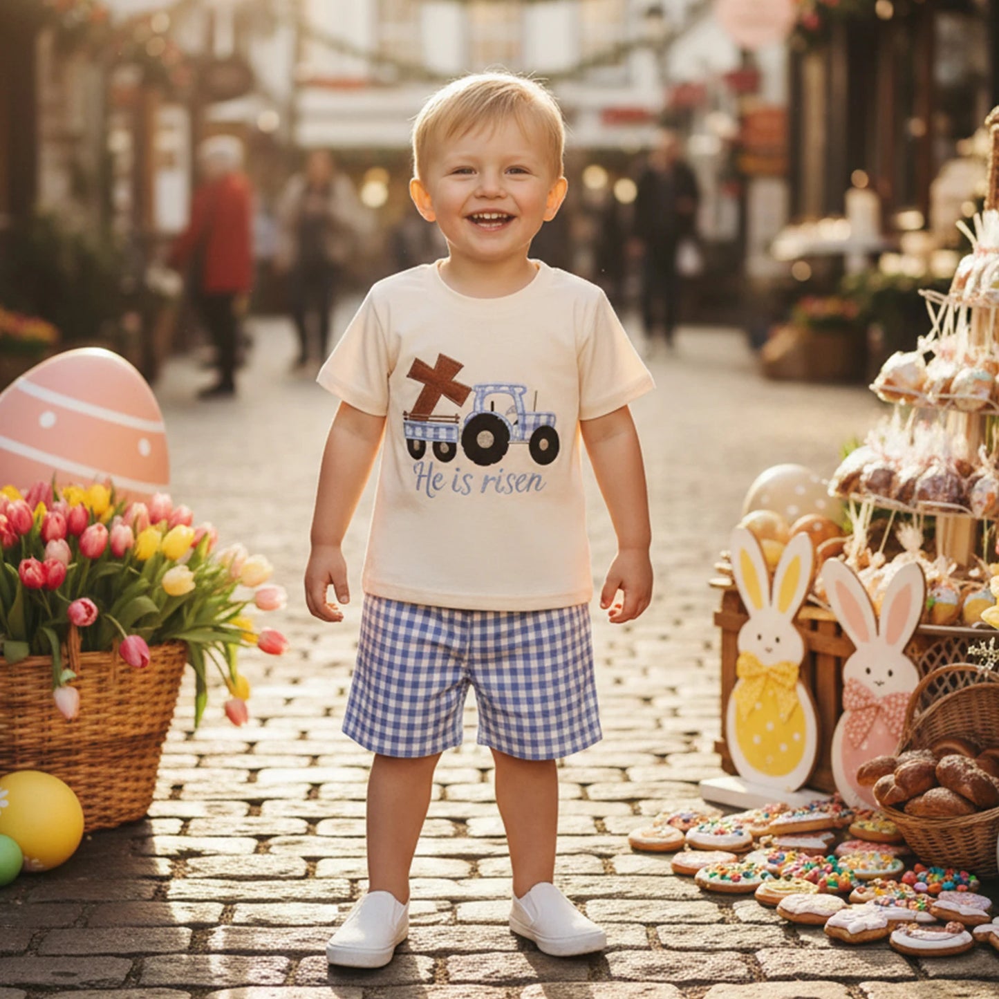 2Pcs Baby Boy Easter Outfits Short Sleeve Cross Truck Embroidery T-Shirt + Shorts Set Toddler Clothes