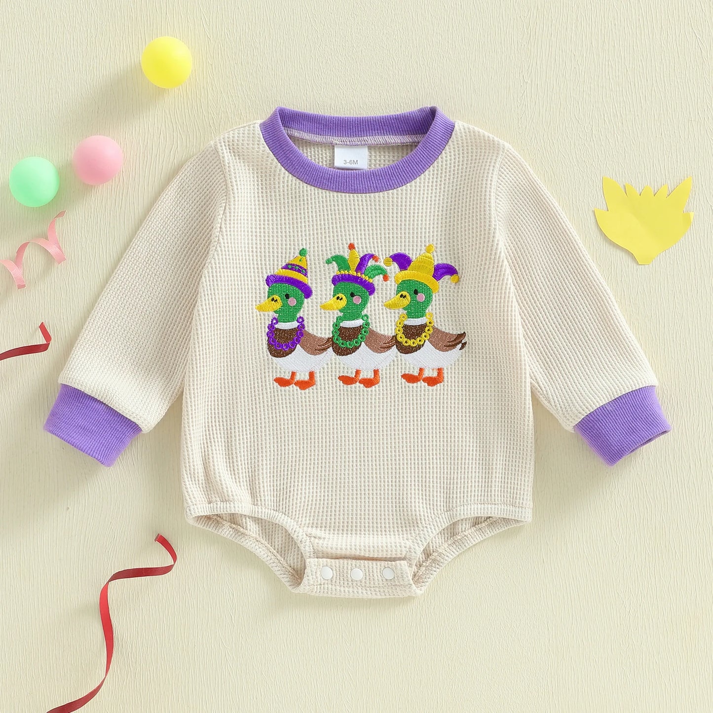 Embroidery Mardi Gras jumpsuit Infant Long Sleeve Crewneck Duck Embroidery Mardi Gras Romper