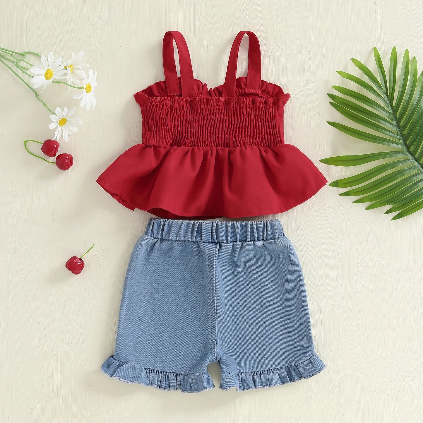 Girls Summer Outfits Bow Sleeveless Camisole and Elastic Cherry Embroidery Denim Shorts Set