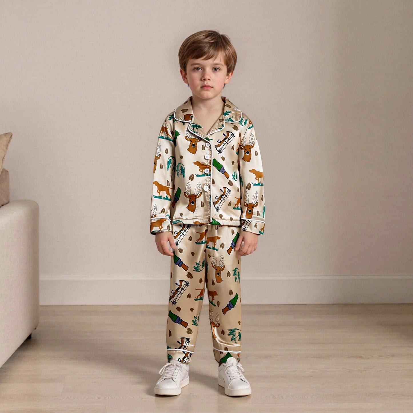 2Pcs Hunting Pajamas Sets for Toddler Boy Long Sleeve Button Down Lapel V Neck Tops with Elastic Waist Pants Nightwear