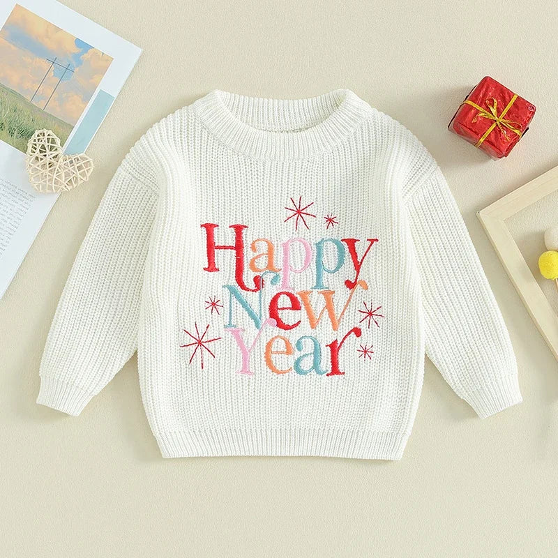 Baby Boy Girl New Year Outfit Long Sleeve Crewneck Letter Embroidery Sweater Tops Infant Winter Clothes