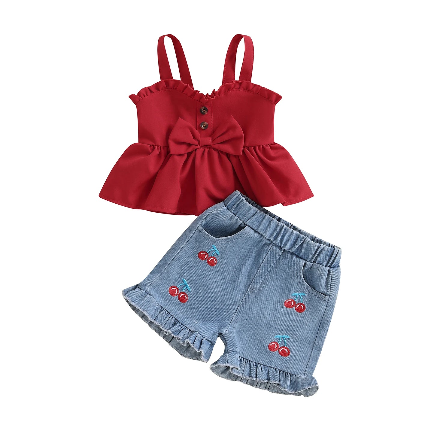 Girls Summer Outfits Bow Sleeveless Camisole and Elastic Cherry Embroidery Denim Shorts Set
