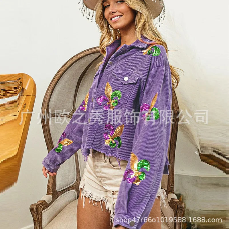 Corduroy Women Mardi Gras Jacket Iris Glitter Cardigan Purple Lapels Single Breasted Spliced Women's Coat Jackets