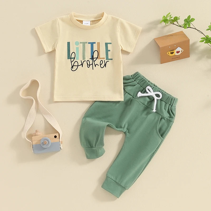 Summer Baby Boys Brother Outfit Letter Print Short Sleeve T-Shirt and Elastic Pants Clothes Set