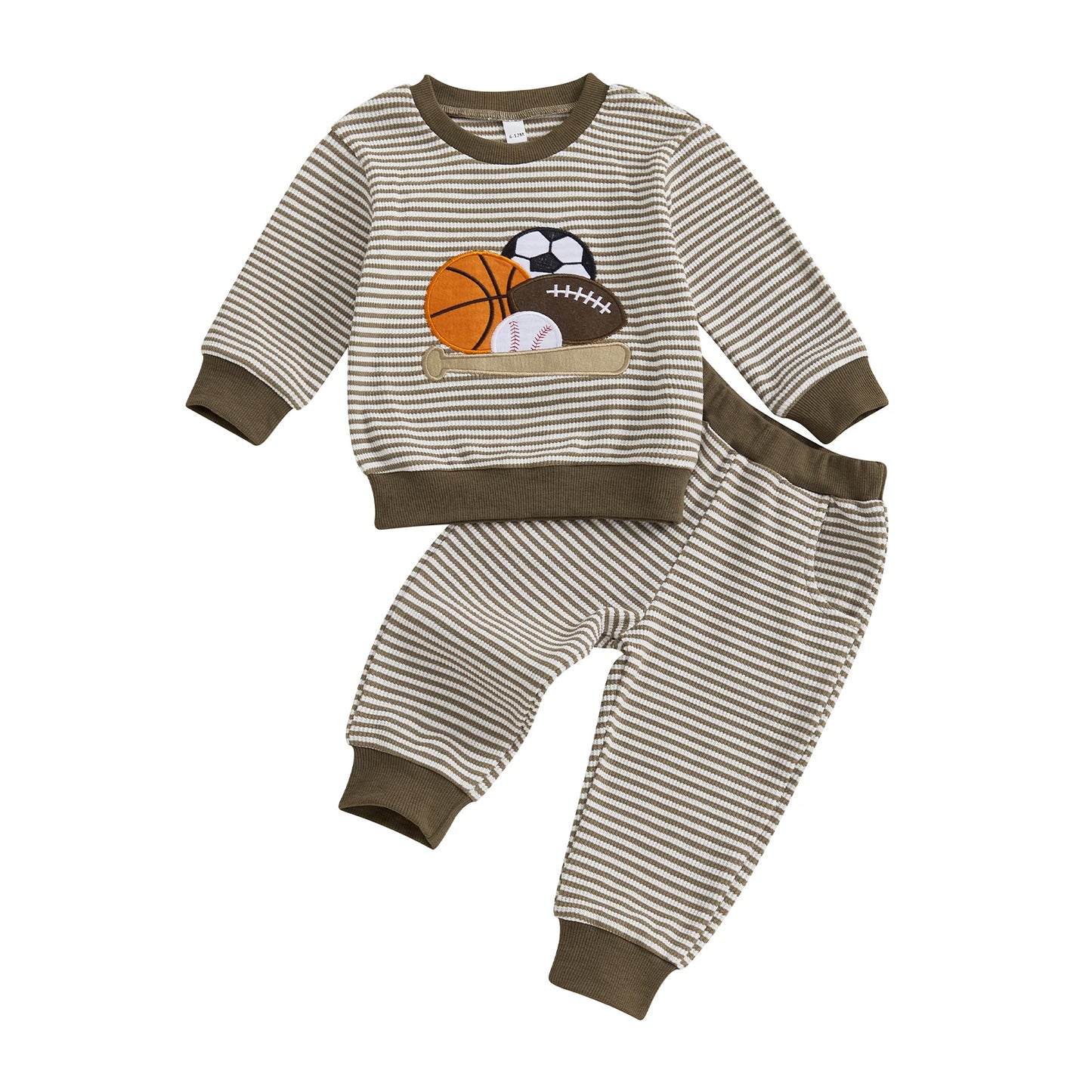 Lioraitiin Toddler Baby Boy Fall Outfit Rugby Embroidery Striped Long Sleeve Sweatshirt and Elastic Pants 2 Piece Clothes