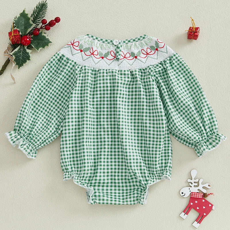 Baby Girls Christmas Romper Long Sleeve Crew Neck Plaid Bodysuit Clothes Casual Daily