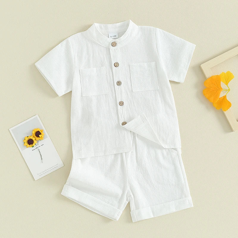 Kids Boys Summer Linen Outfits Solid Color Buttons Short Sleeve Tops and Elastic Waist Shorts 2Pcs Clothes Set
