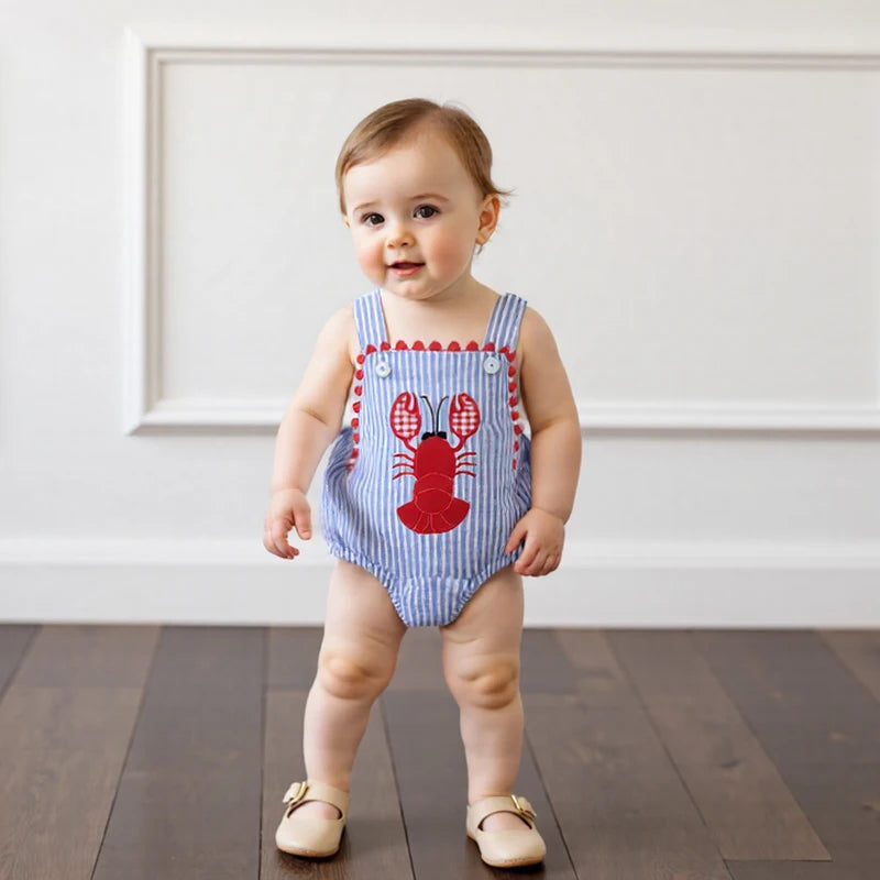 Toddler Baby Boys Summer Overalls Casual Lobster Embroidery Striped Print Sleeveless Jumpsuit Cute Clothes