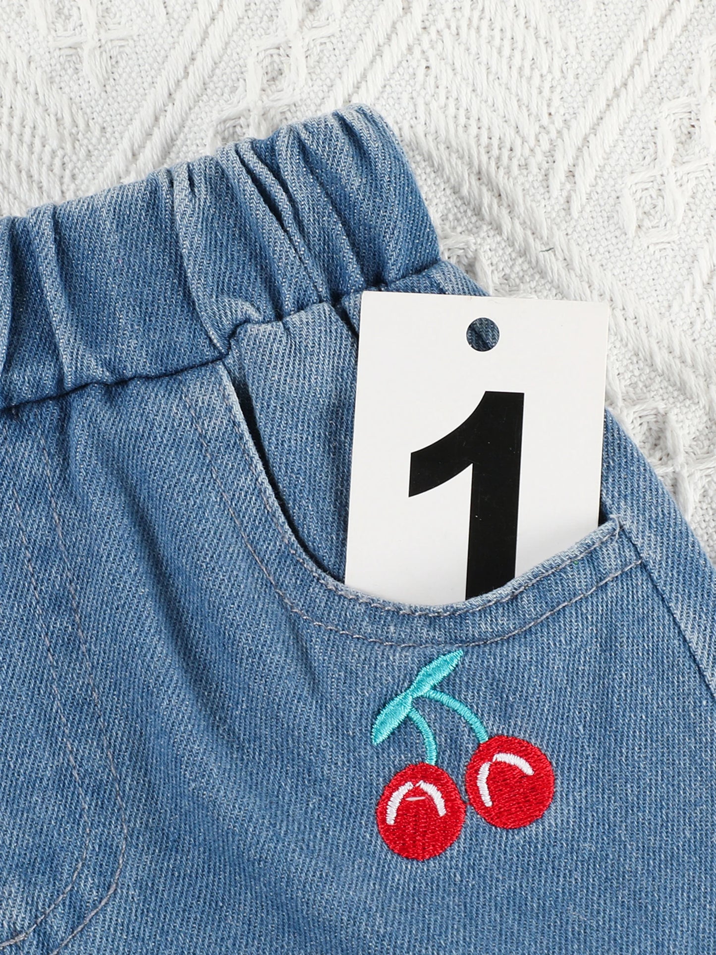 Girls Summer Outfits Bow Sleeveless Camisole and Elastic Cherry Embroidery Denim Shorts Set