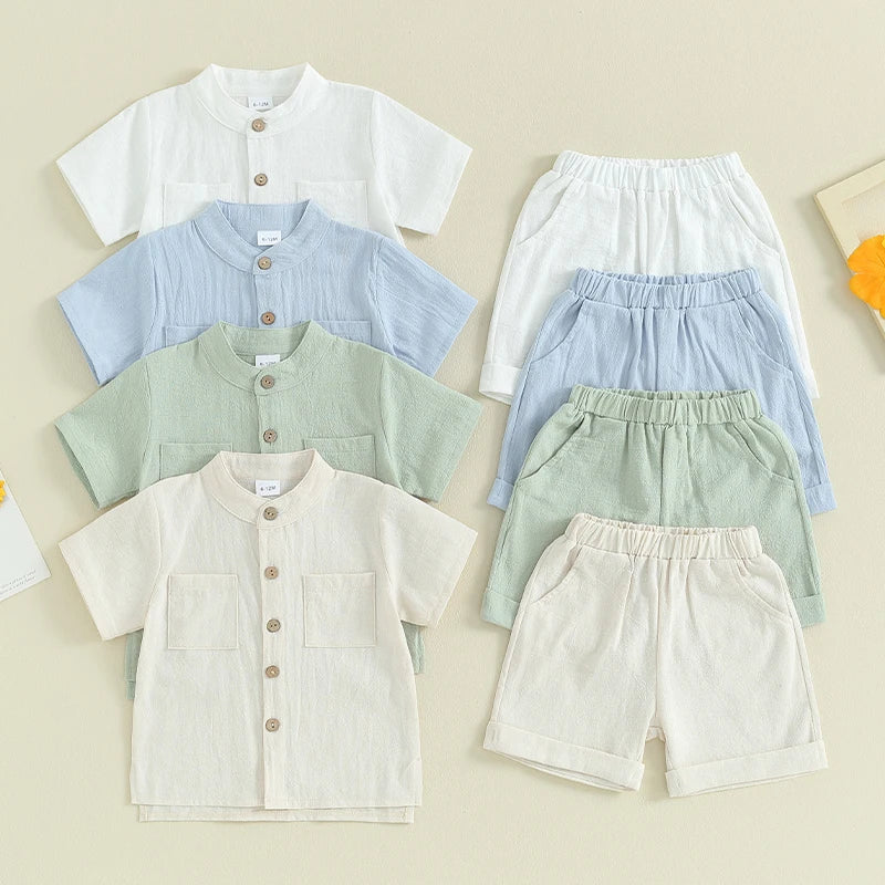 Kids Boys Summer Linen Outfits Solid Color Buttons Short Sleeve Tops and Elastic Waist Shorts 2Pcs Clothes Set