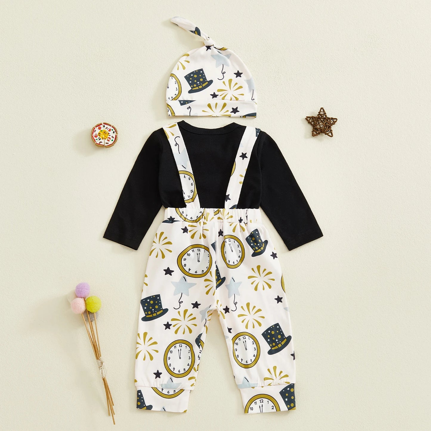 Baby Boy Outfit Long Sleeve Letters Print Romper with Firework Overall Pants and Hat New Year Infant Outfit