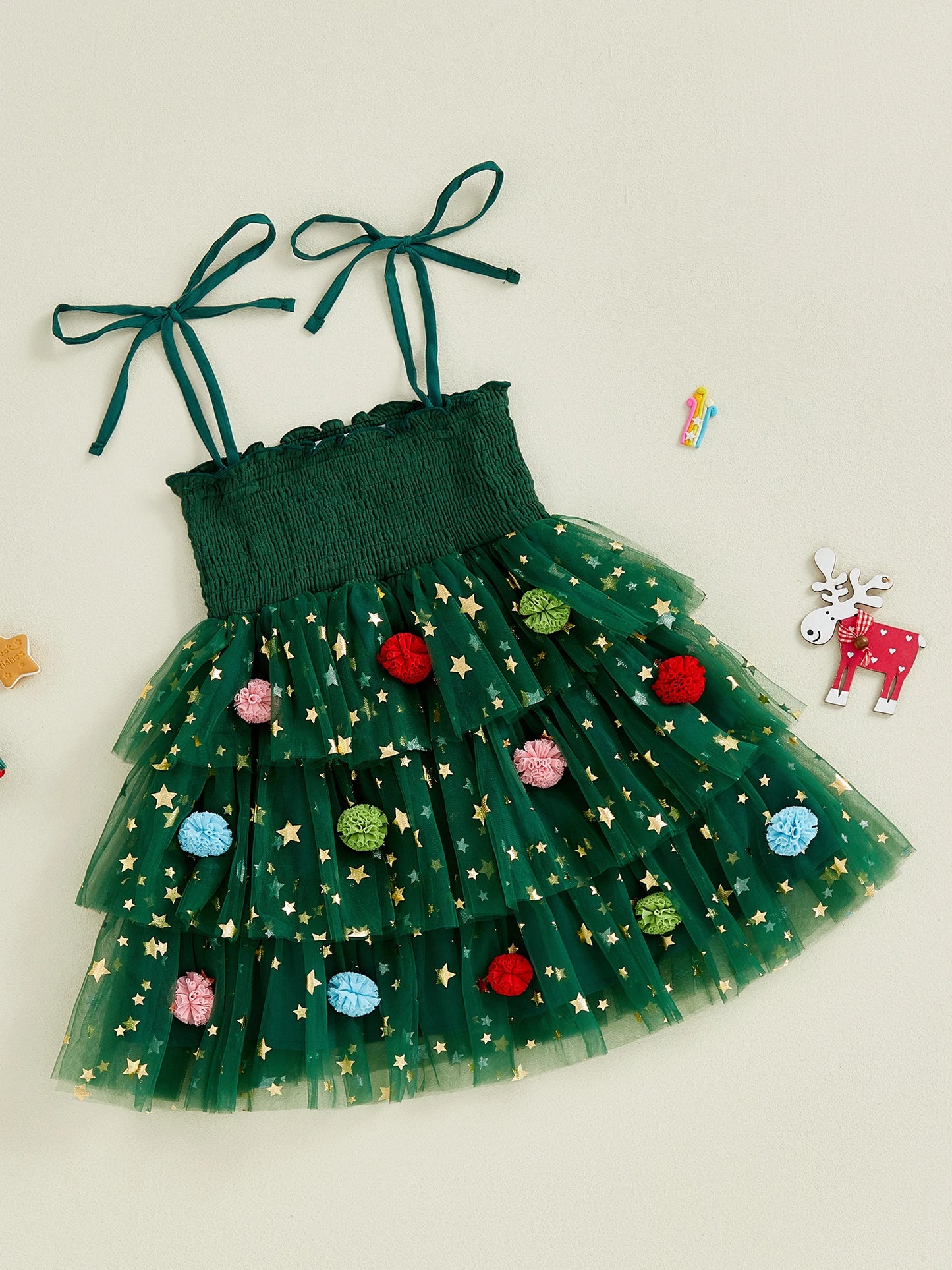 Toddler Girl Christmas A Line Dress Star Print Sleeveless Tie-up Strap Smocked Tulle Cake Dress