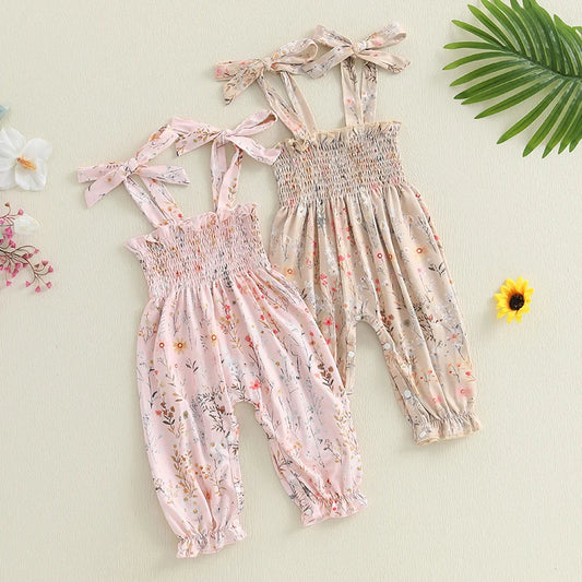 Baby Girls Summer Overalls Jumpsuit Floral Printed Tie-up Shoulder Strap Smocked Full Length Romper