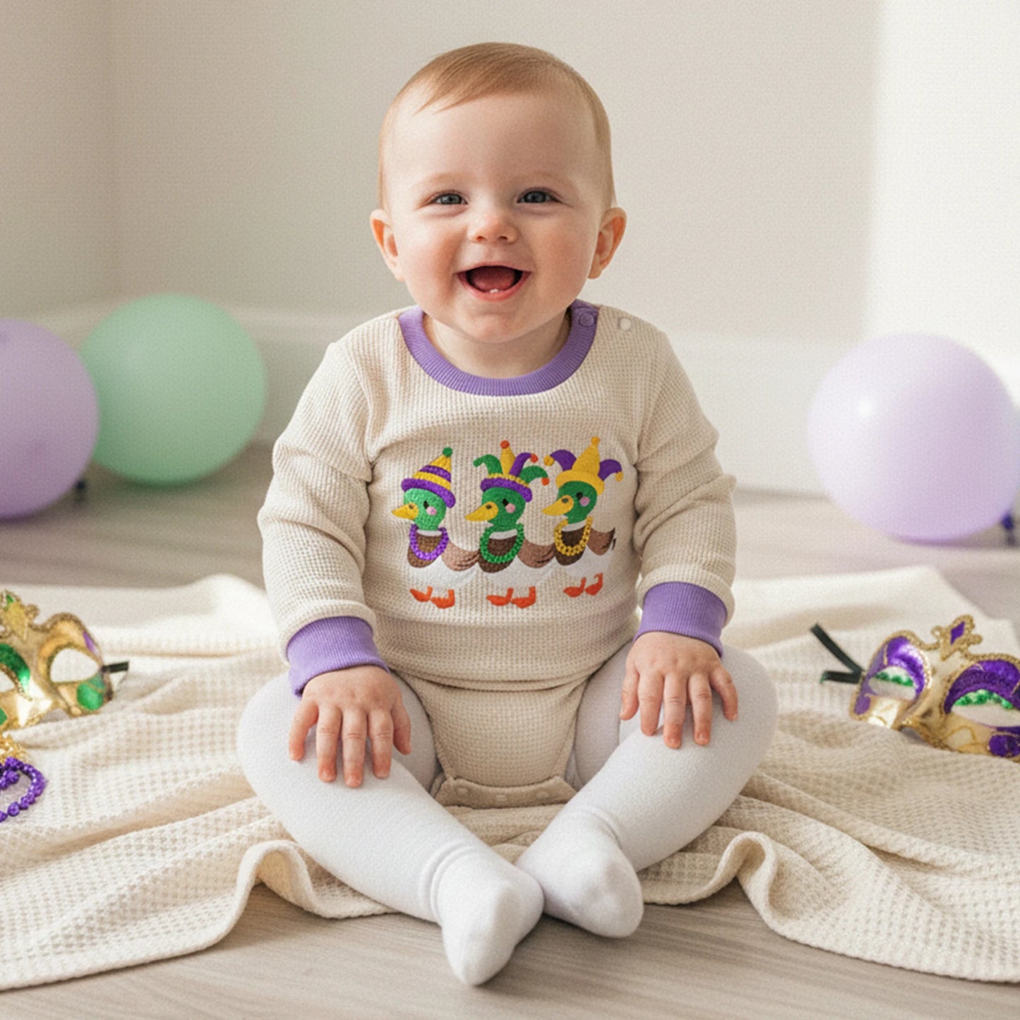 Embroidery Mardi Gras jumpsuit Infant Long Sleeve Crewneck Duck Embroidery Mardi Gras Romper