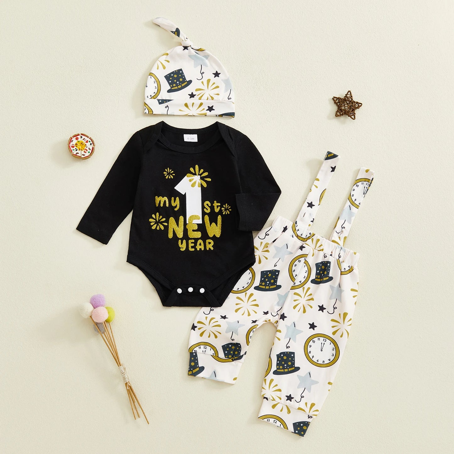 Baby Boy Outfit Long Sleeve Letters Print Romper with Firework Overall Pants and Hat New Year Infant Outfit