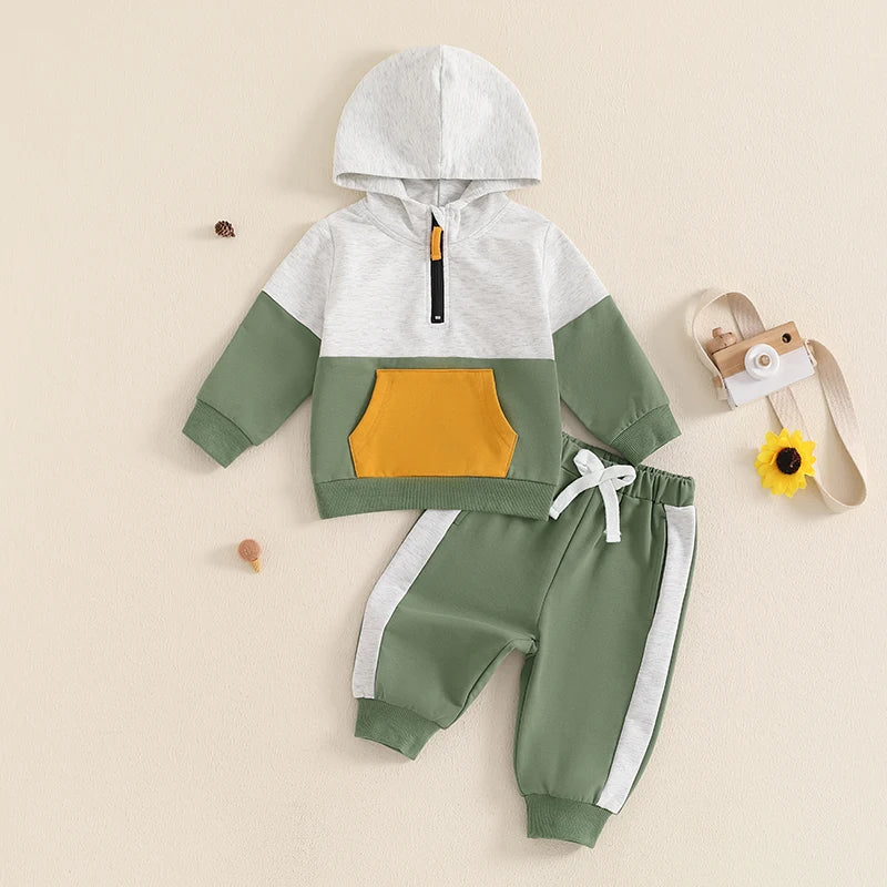 6m-3Y Baby Boy Fall Outfit Contrast Colors Long Sleeve Hoodie Sweatshirt and Elastic Pants 2 Piece Clothes for Toddler