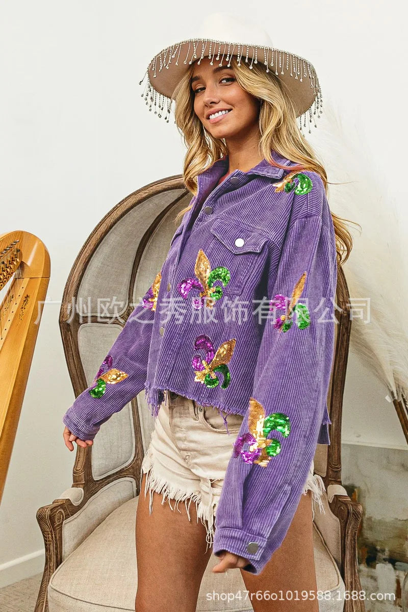 Corduroy Women Mardi Gras Jacket Iris Glitter Cardigan Purple Lapels Single Breasted Spliced Women's Coat Jackets