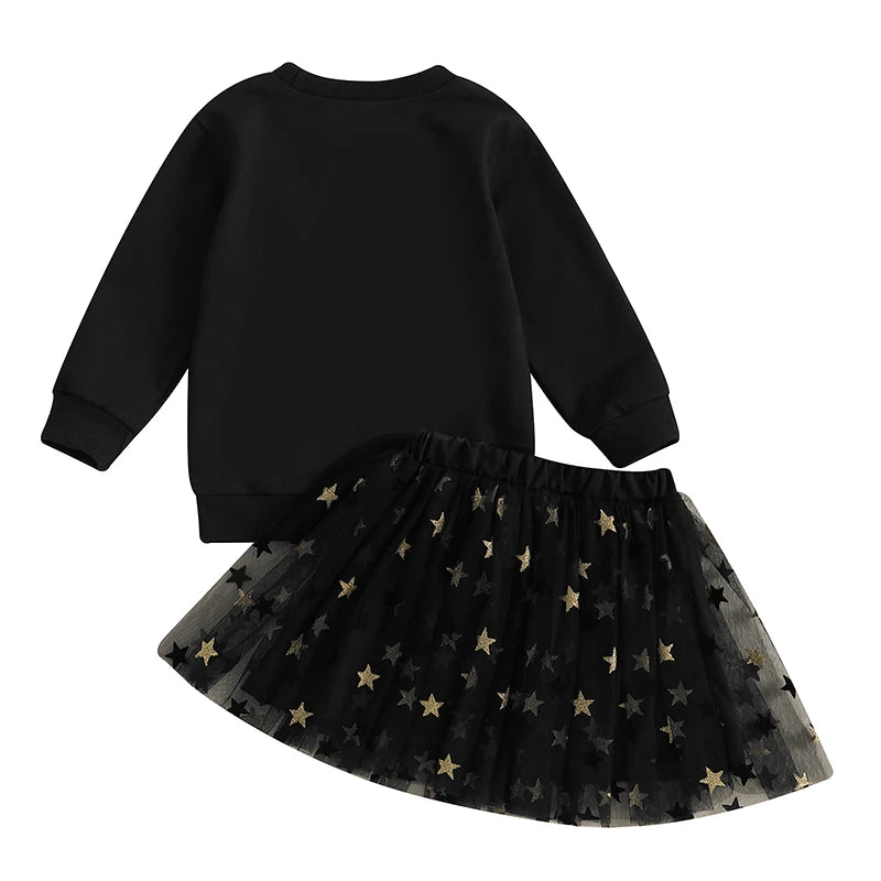 Toddler Kids Girl New Year Skirt Outfit Letter Embroidery Long Sleeve Sweatshirt Glitter Star Print Tulle Skirt Clothing Set