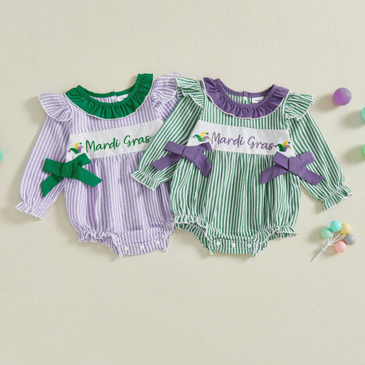 Lioraitiin Baby Girls Striped Bubble Romper Fashionable Cute Mardi Gras Letters Embroidery Long Sleeve Ruffle Jumpsuit