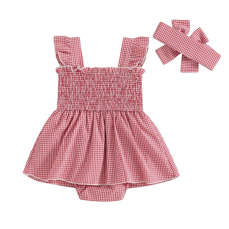 Baby Girl Plaid Romper Dress Strawberry Smocked Fly Sleeve Bodysuit with Headband 2Pcs Summer Outfit