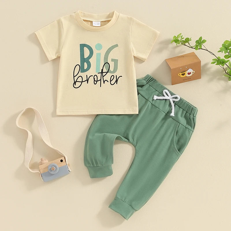 Summer Baby Boys Brother Outfit Letter Print Short Sleeve T-Shirt and Elastic Pants Clothes Set