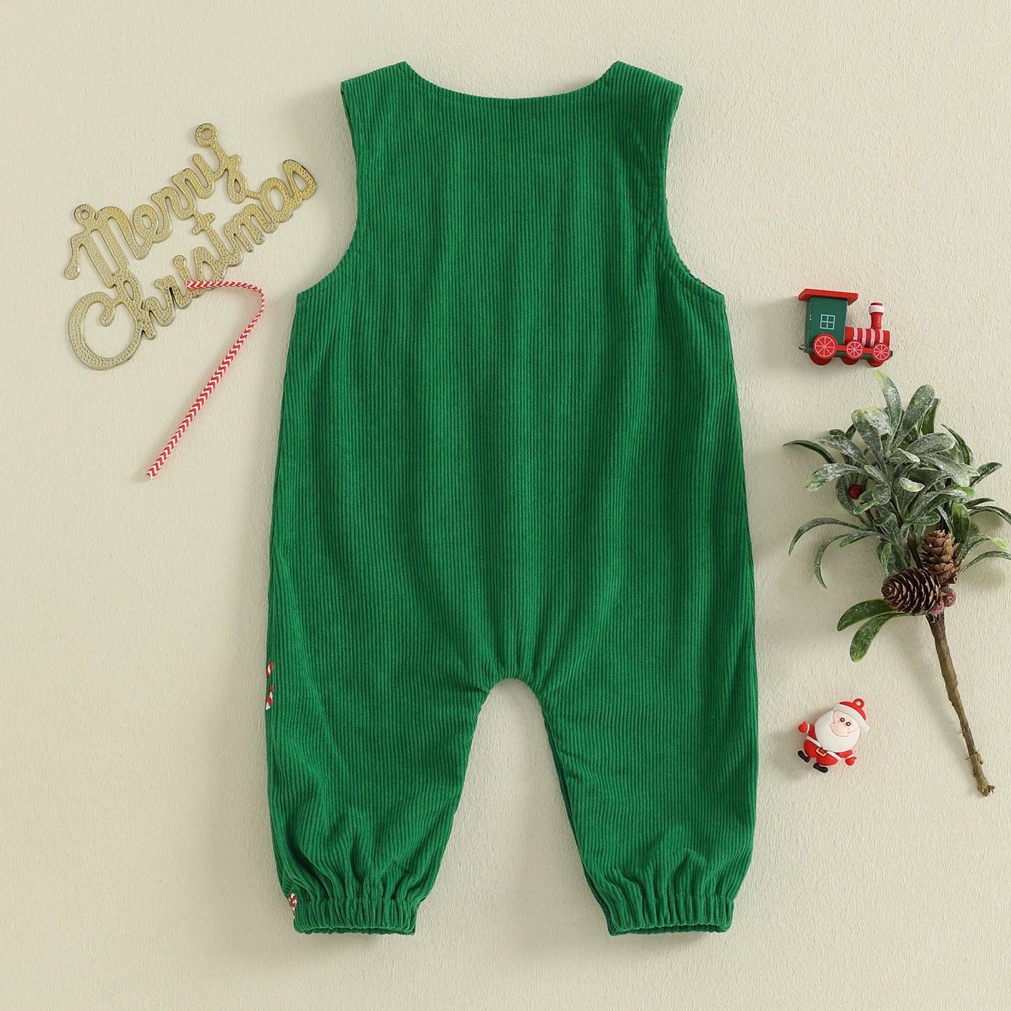 Boys Girls Christmas Romper Sleeveless Round Neck Candy Cane Embroidery Jumpsuit