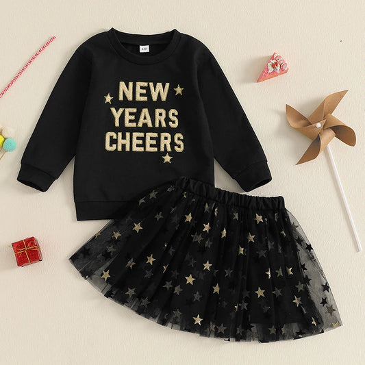 Toddler Kids Girl New Year Skirt Outfit Letter Embroidery Long Sleeve Sweatshirt Glitter Star Print Tulle Skirt Clothing Set