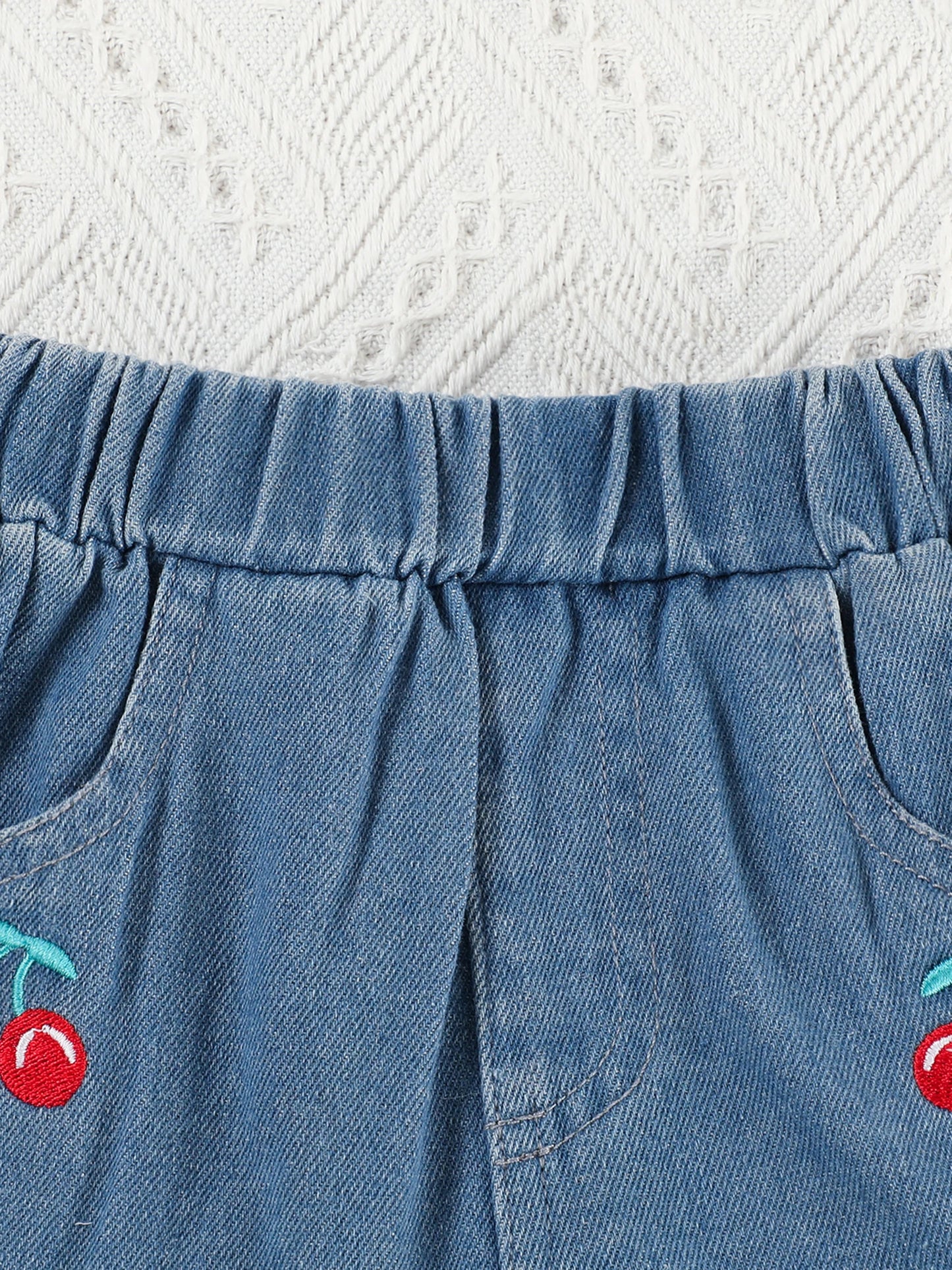 Girls Summer Outfits Bow Sleeveless Camisole and Elastic Cherry Embroidery Denim Shorts Set