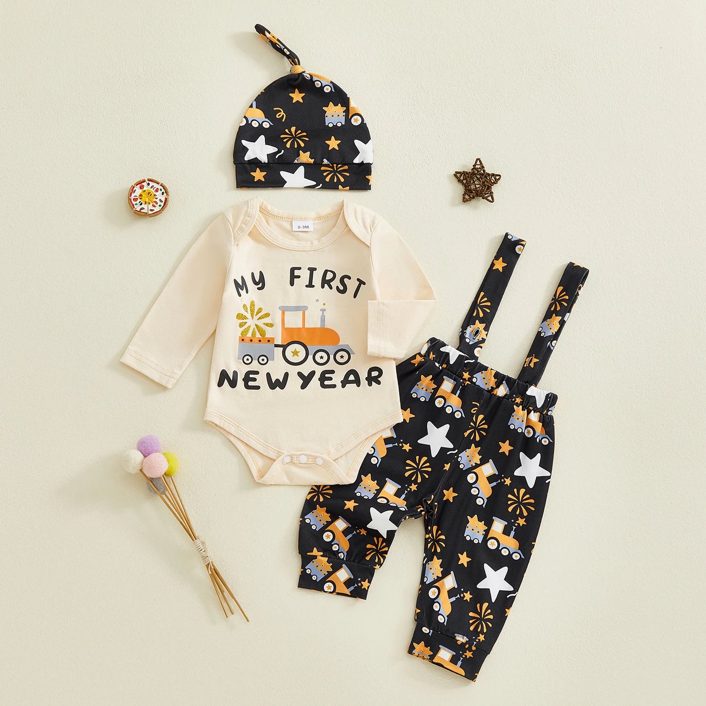 Baby Boy Outfit Long Sleeve Letters Print Romper with Firework Overall Pants and Hat New Year Infant Outfit