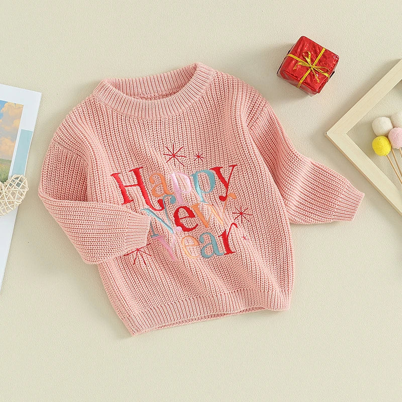 Baby Boy Girl New Year Outfit Long Sleeve Crewneck Letter Embroidery Sweater Tops Infant Winter Clothes