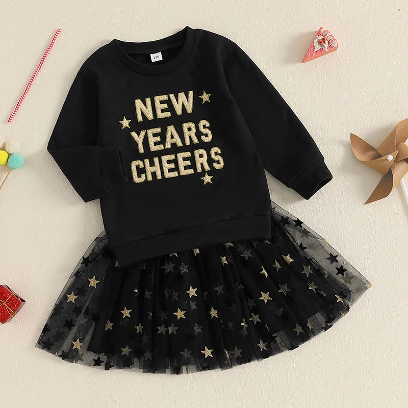 Toddler Kids Girl New Year Skirt Outfit Letter Embroidery Long Sleeve Sweatshirt Glitter Star Print Tulle Skirt Clothing Set