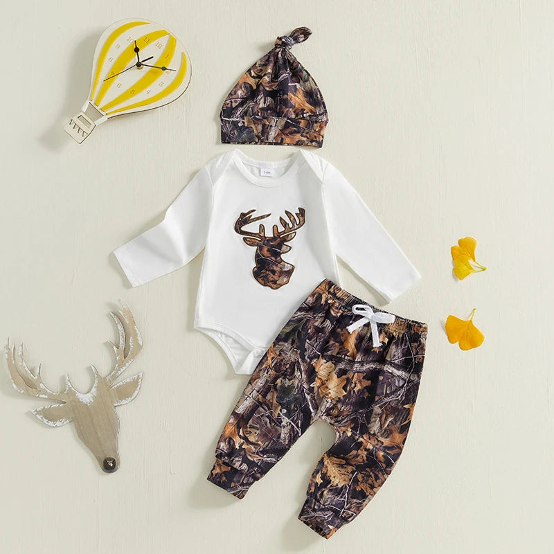 Baby Boys Clothes Set Long Sleeve Crew Neck Letters Print Romper with Cow Cactus Print Sweatpants and Hat Outfit