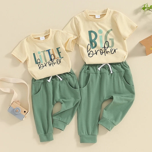 Summer Baby Boys Brother Outfit Letter Print Short Sleeve T-Shirt and Elastic Pants Clothes Set