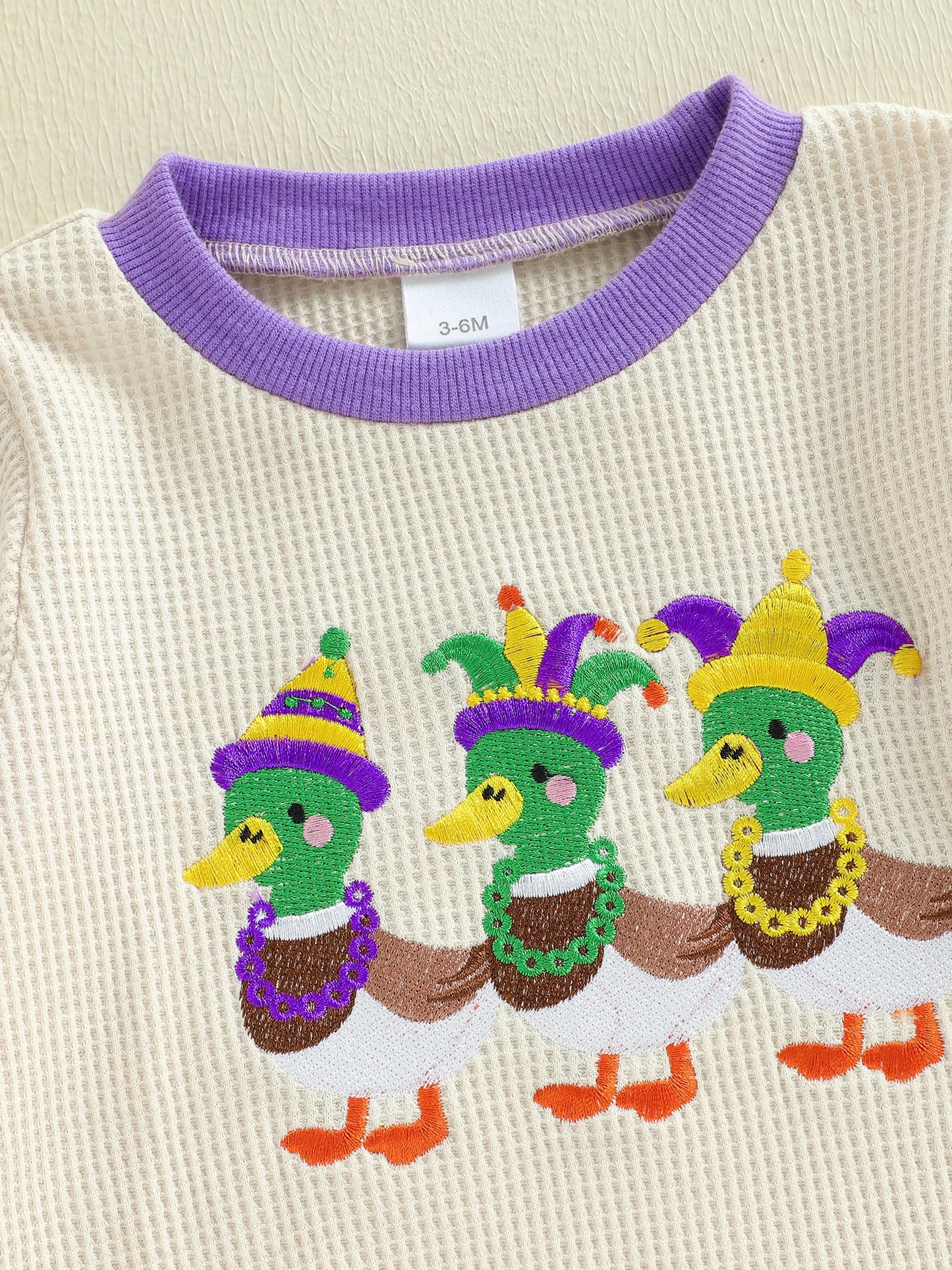 Embroidery Mardi Gras jumpsuit Infant Long Sleeve Crewneck Duck Embroidery Mardi Gras Romper
