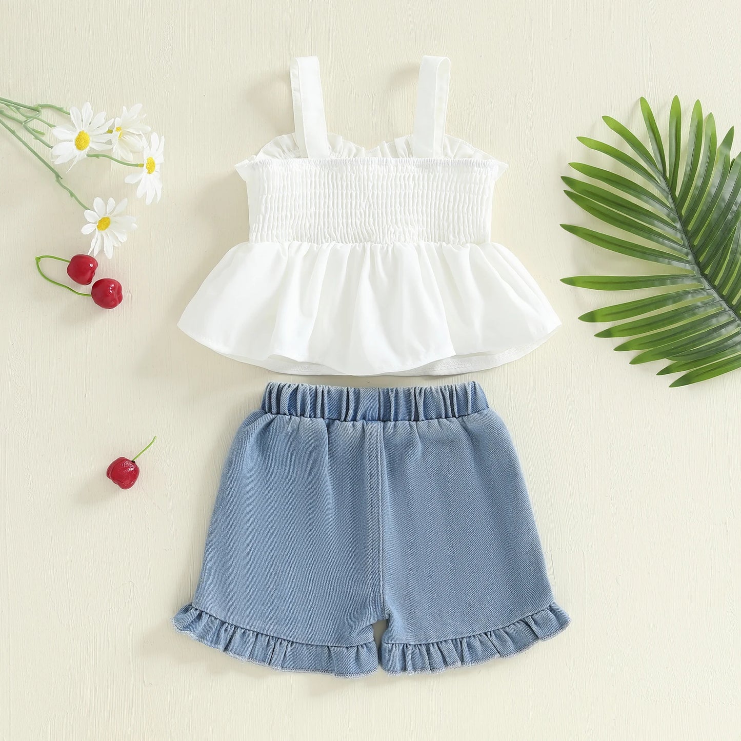 Girls Summer Outfits Bow Sleeveless Camisole and Elastic Cherry Embroidery Denim Shorts Set