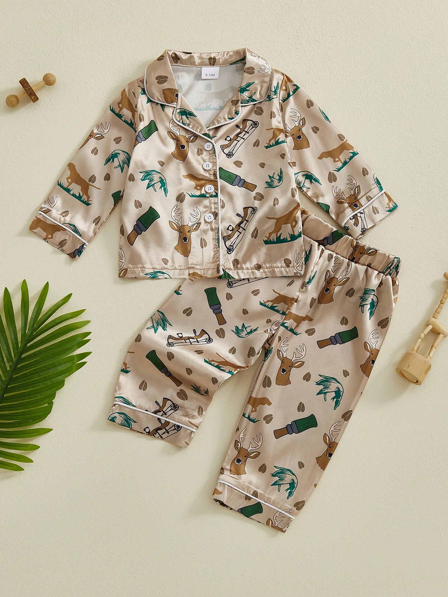 2Pcs Hunting Pajamas Sets for Toddler Boy Long Sleeve Button Down Lapel V Neck Tops with Elastic Waist Pants Nightwear