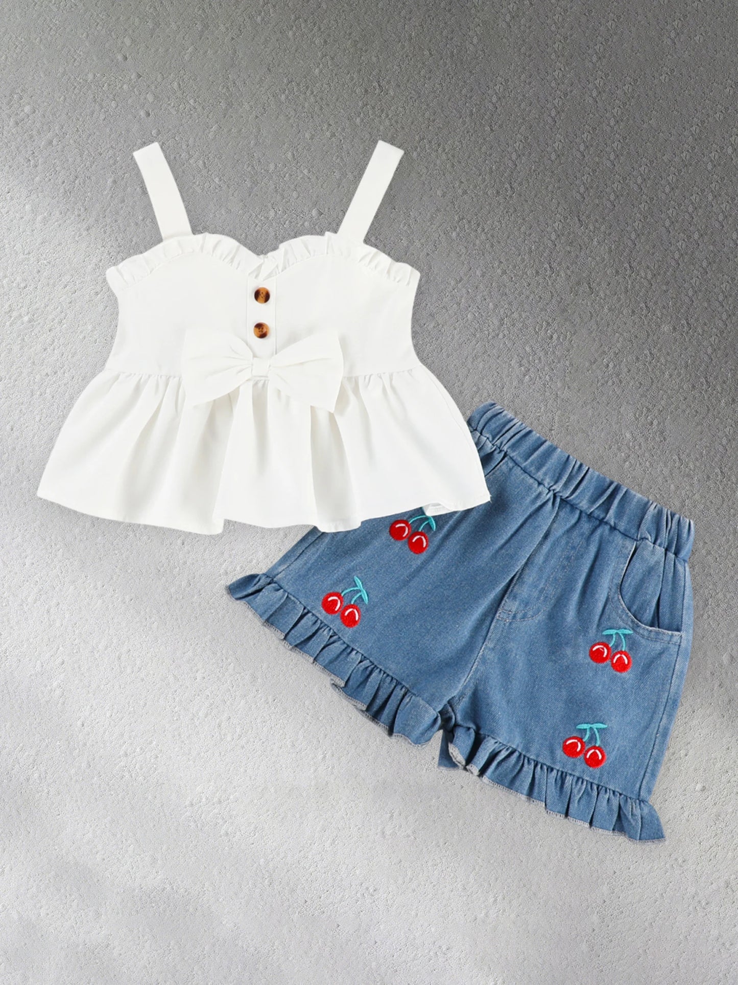 Girls Summer Outfits Bow Sleeveless Camisole and Elastic Cherry Embroidery Denim Shorts Set