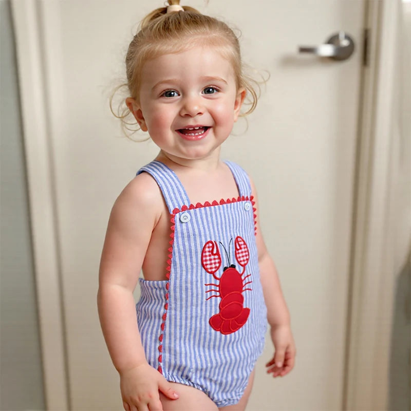 Toddler Baby Boys Summer Overalls Casual Lobster Embroidery Striped Print Sleeveless Jumpsuit Cute Clothes