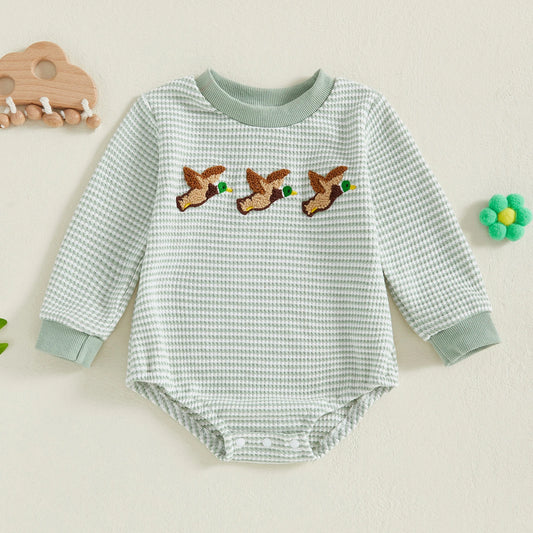 Newborn Baby Boy Romper Long Sleeve Round Neck Duck Embroidery Bodysuit Fall Playsuit