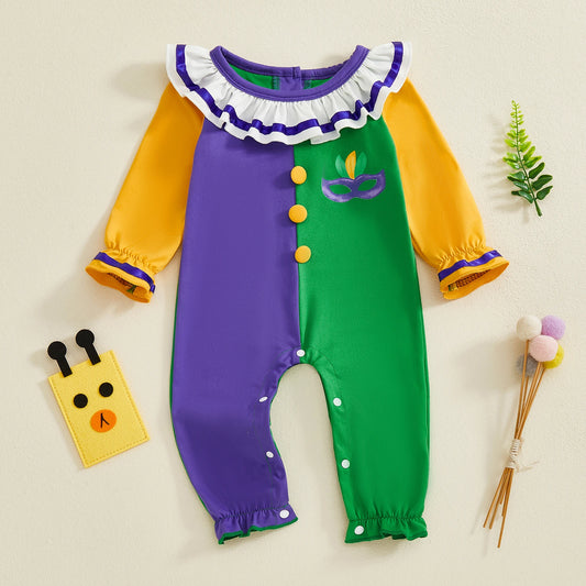 Mardi Gras Themed Romper Contrast Color Ruffled Neckline Long Sleeve Facewear Print Jumpsuit