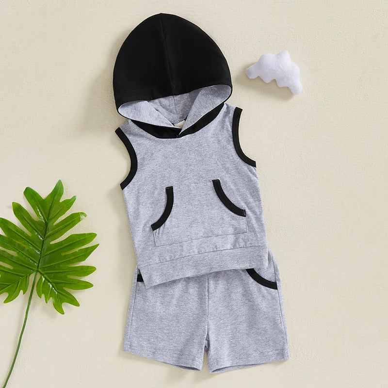 Toddler Baby Boy Shorts Set Contrast Color Sleeveless Hooded Tank Tops Elastic Waist Shorts Summer Outfit