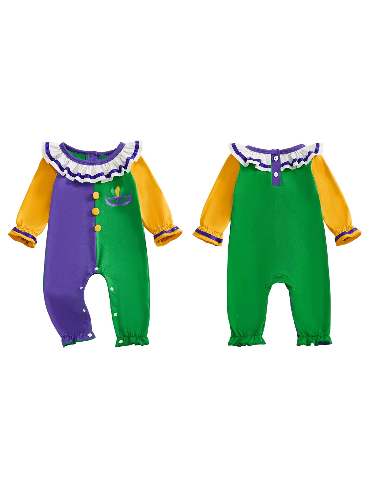Mardi Gras Themed Romper Contrast Color Ruffled Neckline Long Sleeve Facewear Print Jumpsuit