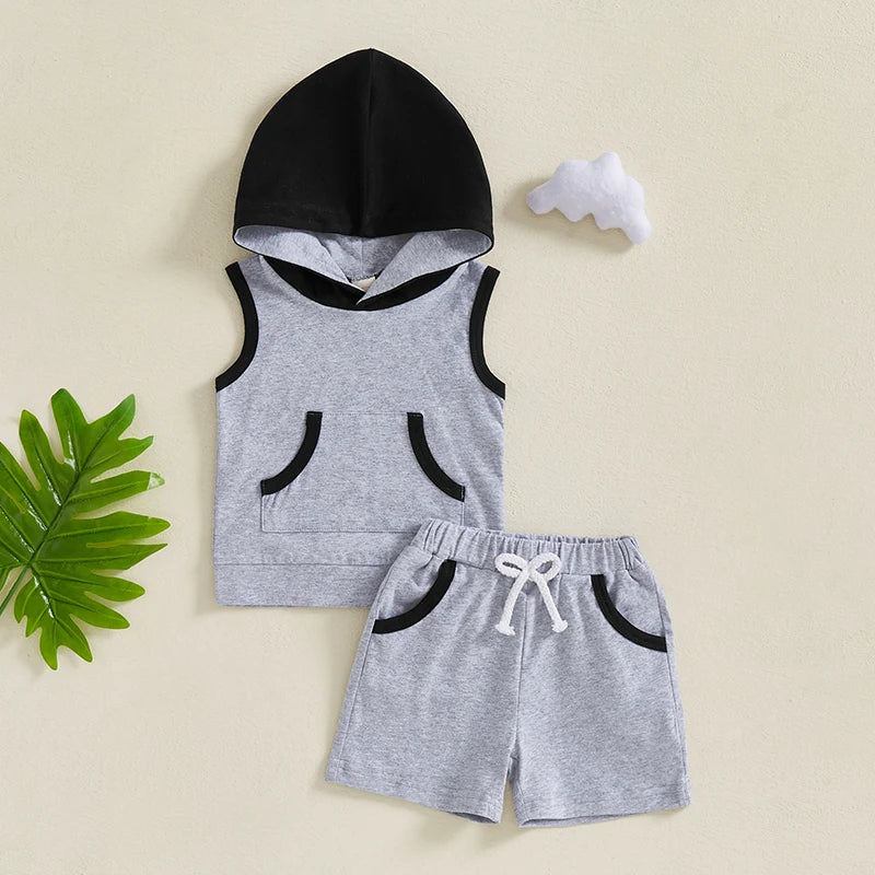 Toddler Baby Boy Shorts Set Contrast Color Sleeveless Hooded Tank Tops Elastic Waist Shorts Summer Outfit