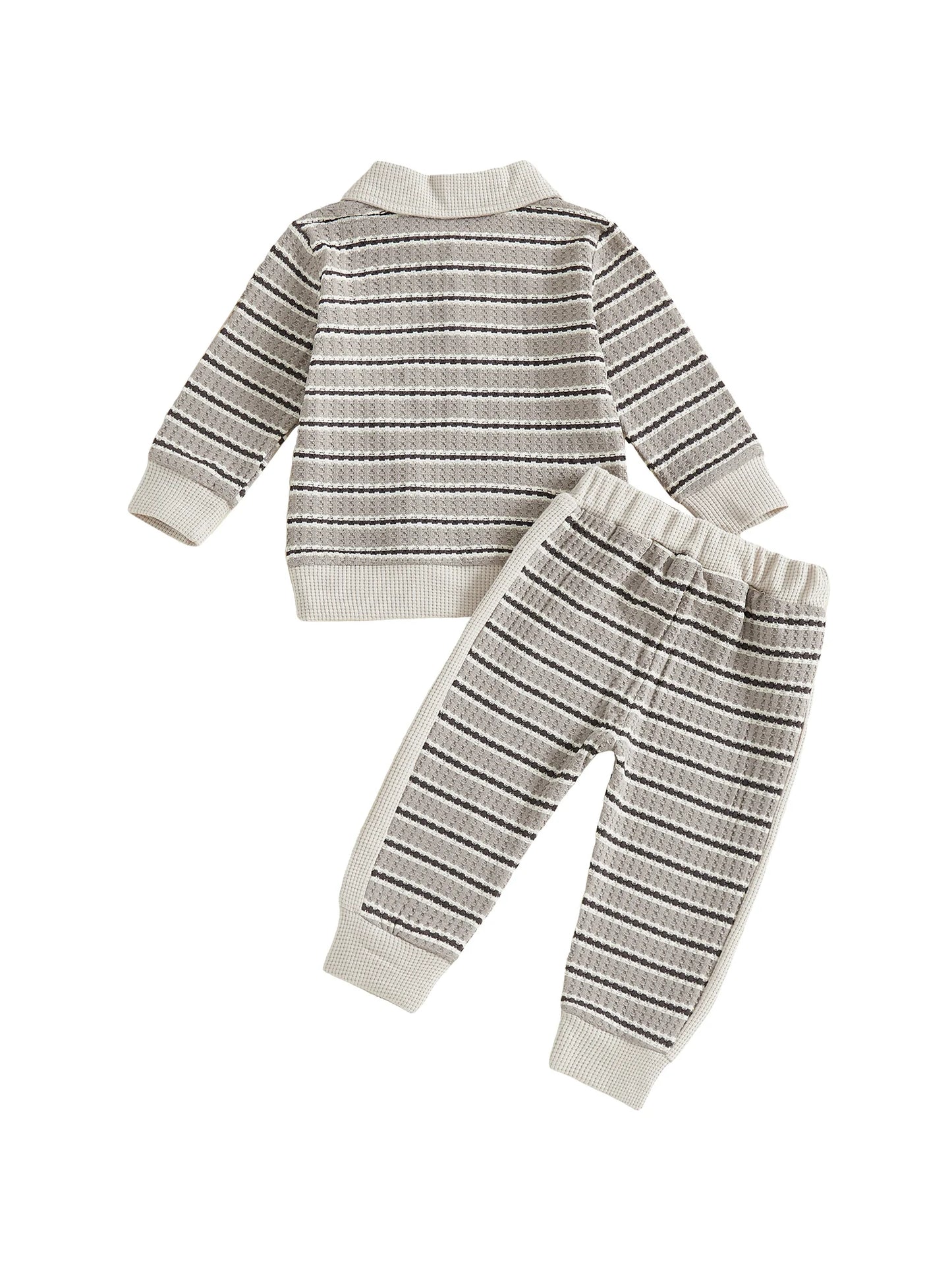 Toddler Boy Fall Outfits Stripe Long Sleeve Lapel Button Pullover + Elastic Waist Pants 2Pcs Set